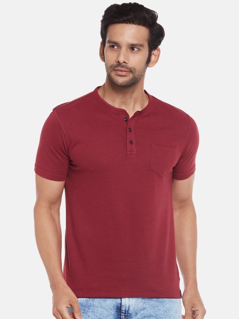 

People Men Red Henley Neck Pockets T-shirt