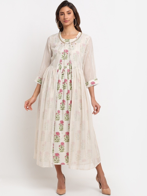 

ANAISA Women Cream-Coloured Floral Printed Pure Cotton Anarkali Kurta