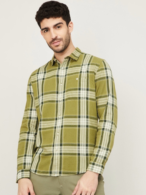 

Forca by Lifestyle Men Olive Green & Beige Slim Fit Tartan Checked Opaque Cotton Casual Shirt
