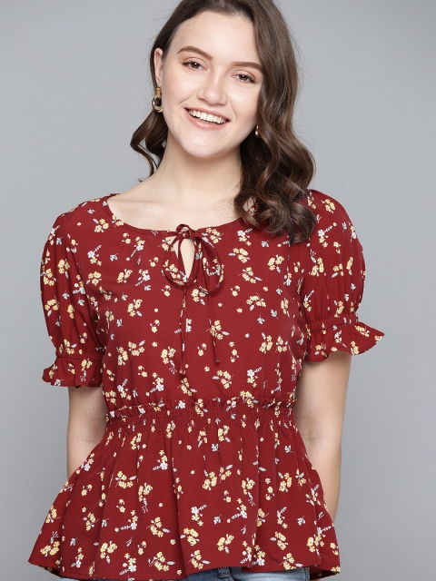 

Mast & Harbour Maroon & Yellow Floral Print Tie-Up Neck A-Line Top
