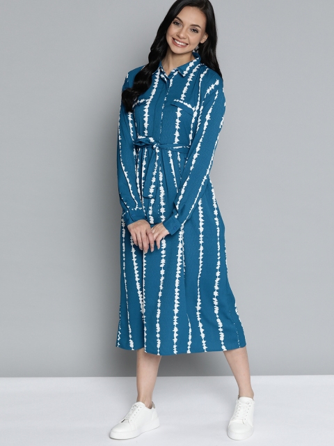 

Mast & Harbour Teal Blue & White Striped Shirt Midi Dress with Belt