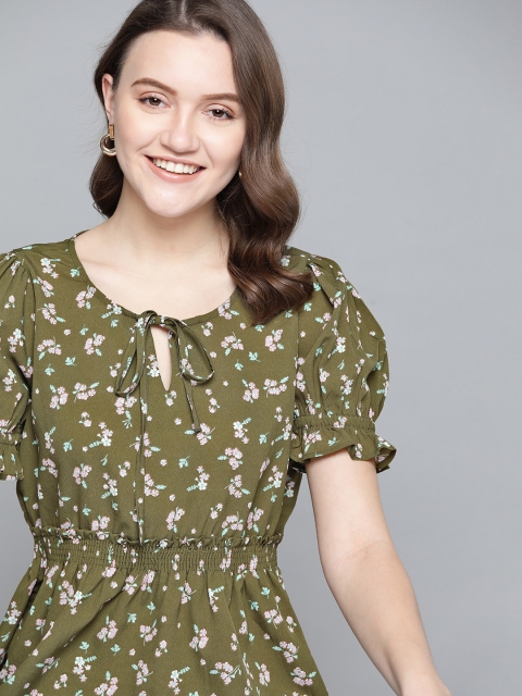 

Mast & Harbour Olive Green & Pink Floral Print Tie-Up Neck A-Line Top