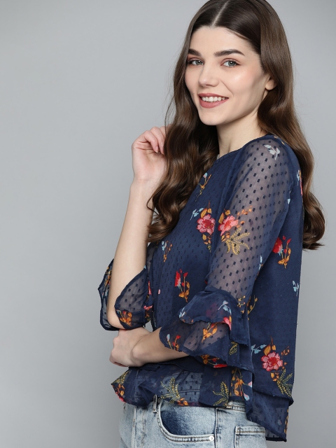 

Mast & Harbour Navy Blue & Red Floral Print Dobby Weave Top