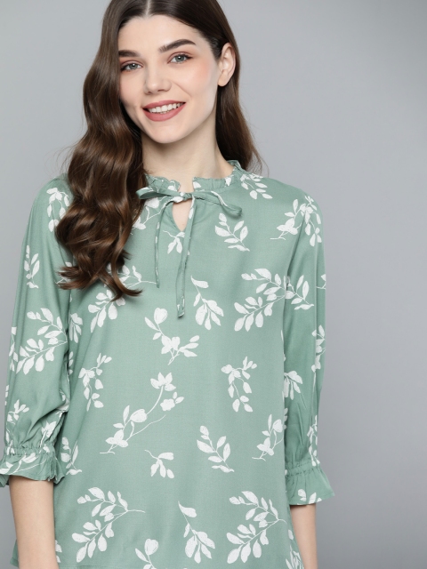

Mast & Harbour Green & White Floral Print Tie-Up Neck Top
