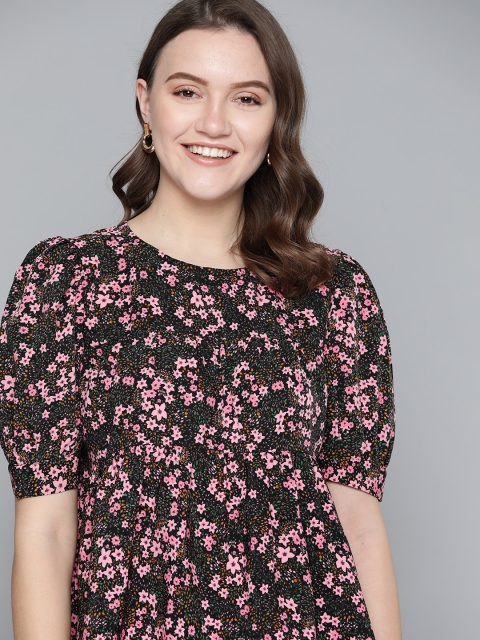 

Mast & Harbour Black & Pink Floral Print A-Line Top