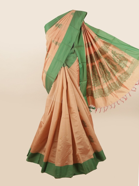 

Pothys Peach-Coloured & Green Floral Silk Cotton Saree