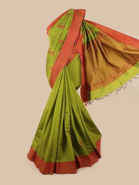 

Pothys Green & Rust Orange Floral Silk Cotton Saree