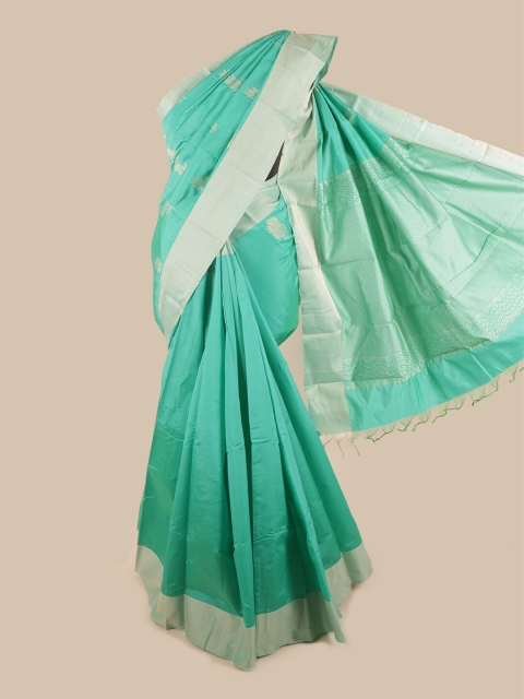 

Pothys Green & Silver-Toned Floral Silk Cotton Saree