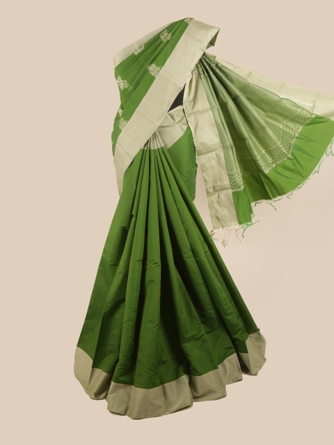 

Pothys Green & Silver-Toned Floral Silk Cotton Saree