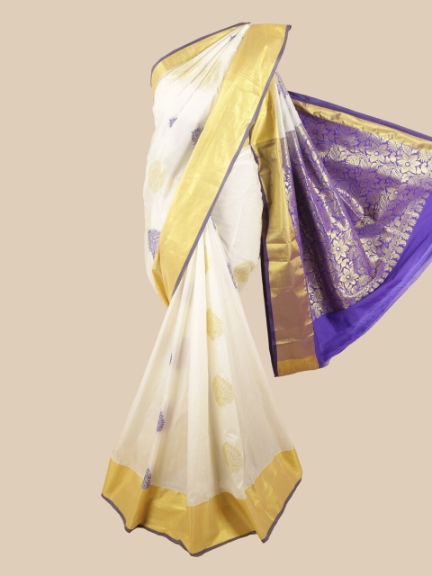 

Pothys White & Gold-Toned Floral Zari Art Silk Saree