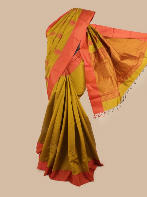 

Pothys Olive Green & Orange Ethnic Motifs Silk Cotton Saree