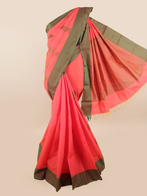 

Pothys Peach-Coloured & Green Ethnic Motifs Silk Cotton Saree