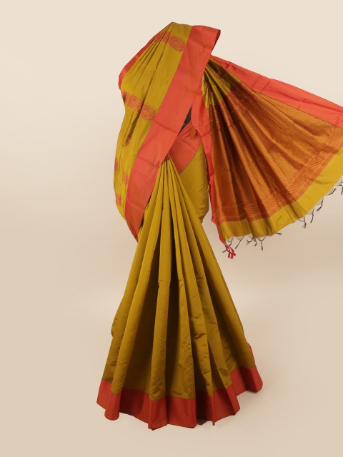 

Pothys Olive Green & Orange Ethnic Motifs Silk Cotton Saree