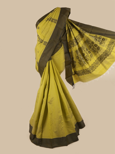 

Pothys Olive Green & Coffee Brown Ethnic Motifs Silk Cotton Saree