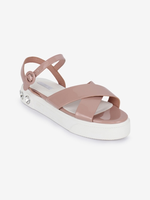 

LYN Women Beige Colourblocked PU Flatform Sandals with Buckles