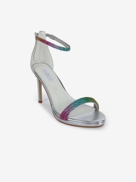 

LYN Silver-Toned Embellished PU Stiletto Sandals