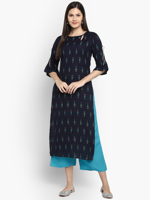

CHRISTEENA Women Navy Blue Ethnic Motifs Printed Regular Kurta with Palazzos