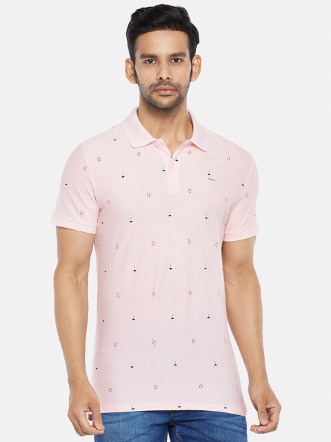 

People Men Pink Printed Polo Collar T-shirt