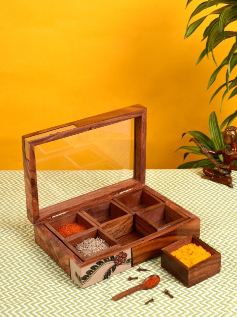 

AAKRITI ART CREATIONS Handcrafted Tribal Art 6 Slot Wooden Spice Box With Spoon, Brown