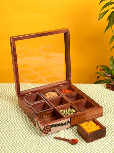 

AAKRITI ART CREATIONS 9 Slot Handcrafted Spice Box, Brown