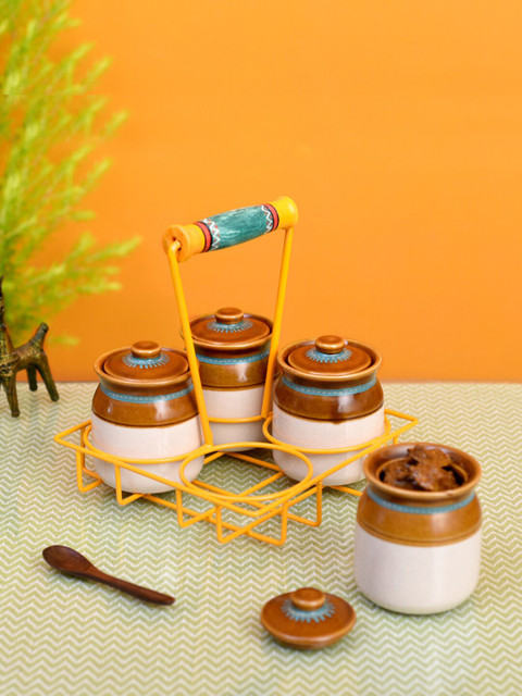 

AAKRITI ART CREATIONS Set Of 4 Char Chatore Barni With Handpainted Metal Stand, Yellow