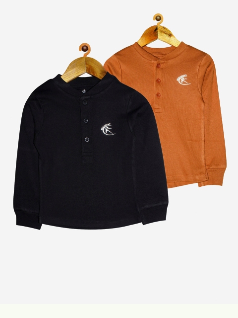 

KiddoPanti Unisex Kids Black & Rust Set Of 2 Solid Henley Neck Cotton T-shirt