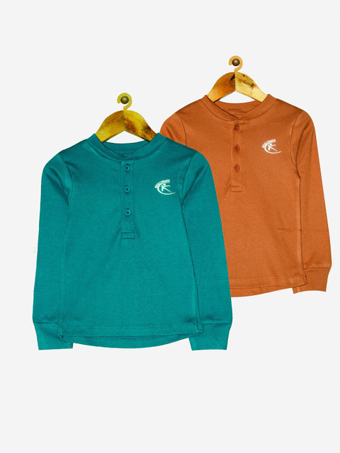 

KiddoPanti Unisex Kids Pack Of 2 Brown & Teal Blue Henley Neck T-shirts
