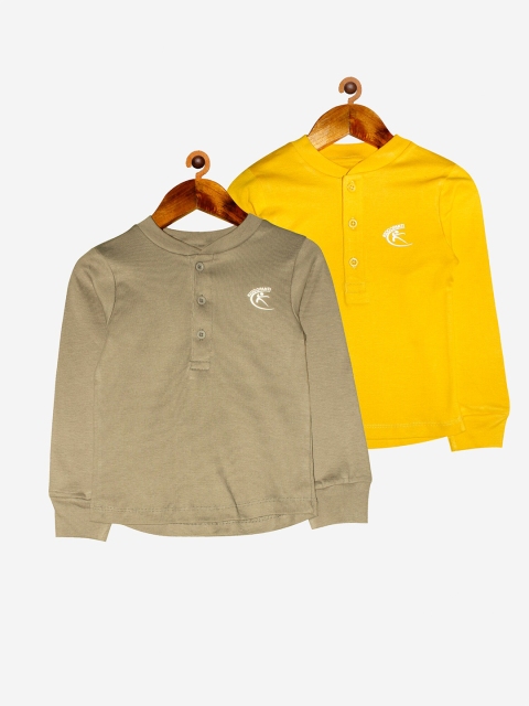 

KiddoPanti Unisex Kids Yellow & Beige 2 Henley Neck T-shirt