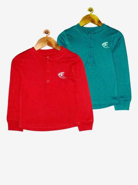 

KiddoPanti Kids Pack Of 2 Red & Green Henley Neck T-shirt