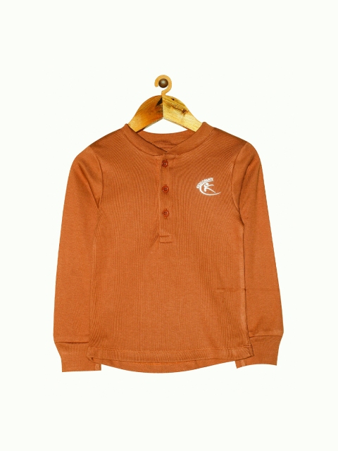 

KiddoPanti Unisex Kids Brown Henley Neck Applique T-shirt