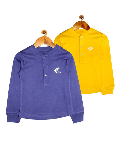

KiddoPanti Unisex Kids Pack of 2 Yellow & Blue solid Henley Neck Pure Cotton T-shirts