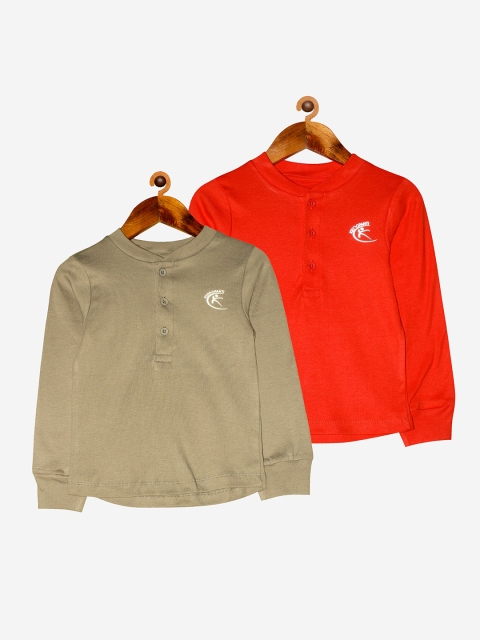 

KiddoPanti Kids Pack of 2 Orange Green Henley Neck Pure Cotton T-shirt
