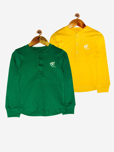 

KiddoPanti Unisex Kids Green & Yellow Set Of 2 Solid Henley Neck Cotton T-shirt
