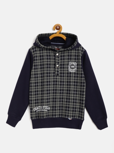 

Little Marco Boys Navy Blue & Olive Green Checked Hooded Sweatshirt