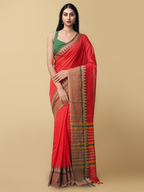 

Unnati Silks Red & Green Solid Pure Cotton Handloom Kanchi Saree
