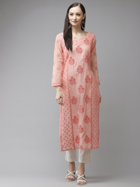 

ADA Women Peach-Coloured & Peach-Coloured Ethnic Motifs Embroidered Thread Work Indie Prints Kurta