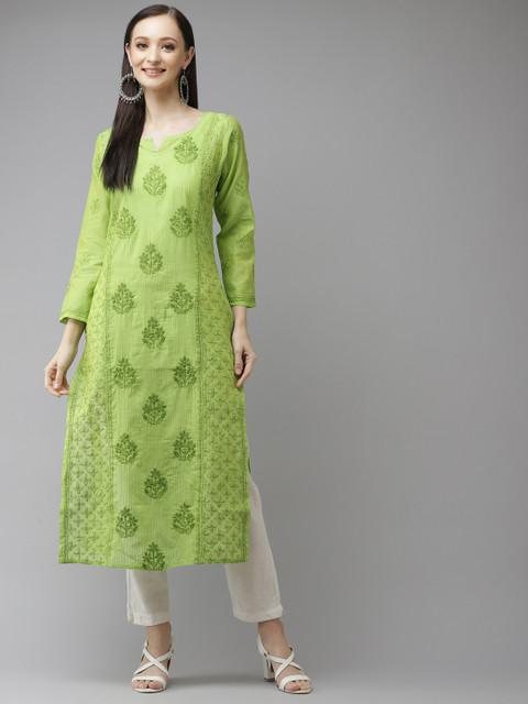 

ADA Women Green & Green Ethnic Motifs Embroidered Thread Work Floral Kurta