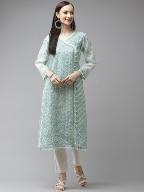 

ADA Women Sea Green & Sea Green Ethnic Motifs Embroidered Floral Kurta