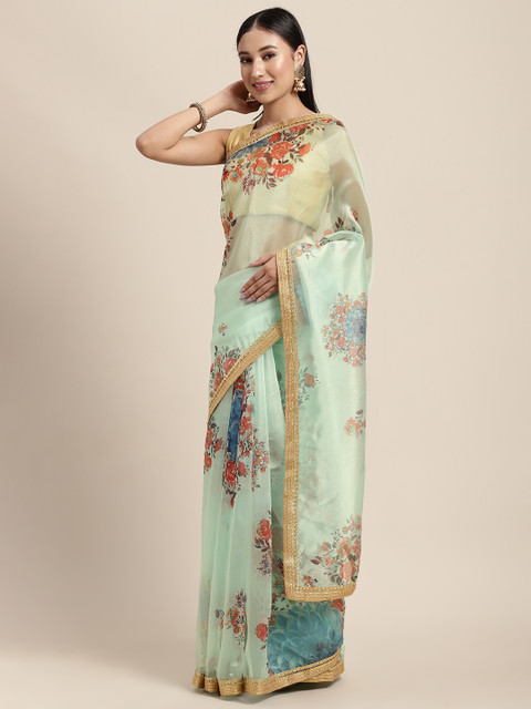

Tikhi Imli Turquoise Blue Floral Organza Saree
