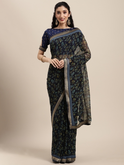 

Tikhi Imli Navy Blue Floral Printed Saree with Brocade Blouse