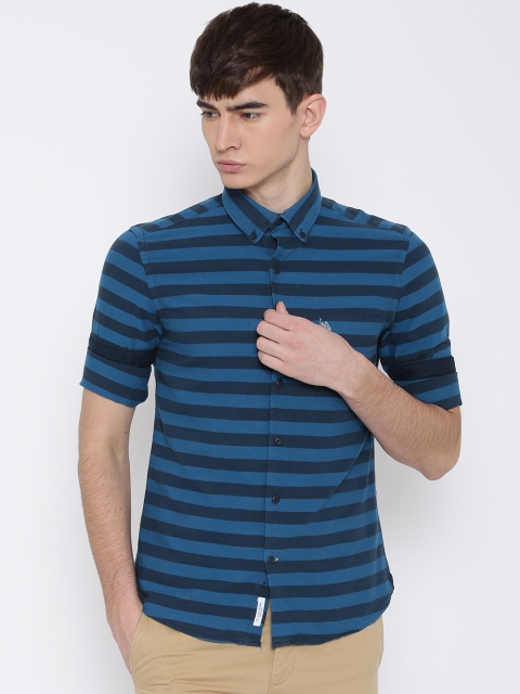 

U.S. Polo Assn. Men Blue Tailored Fit Striped Casual Shirt