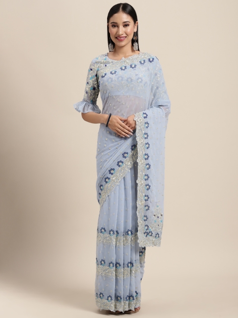 

Tikhi Imli Blue Embroidered Heavy Work Saree