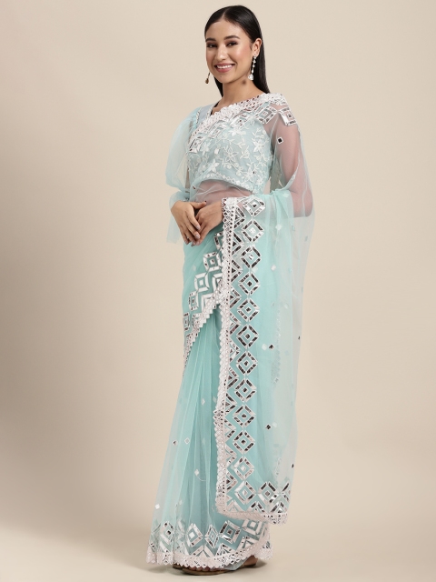 

Tikhi Imli Blue Embroidered Mirror Work Net Saree