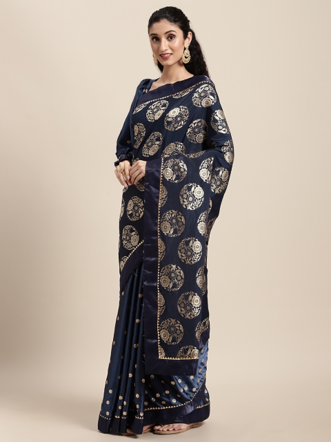 

Tikhi Imli Navy Blue Floral Brocade Pallu Net Patli Half and Half Saree