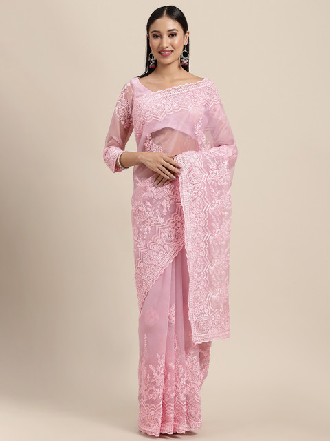 

Tikhi Imli Pink Ethnic Motifs Embroidered Organza Saree