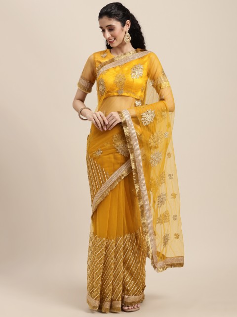 

Tikhi Imli Mustard Yellow Ethnic Motifs Embroidered Net Heavy Work Saree