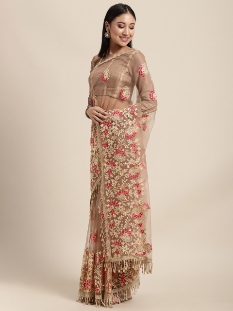

Tikhi Imli Beige Floral Net Embroidered Saree with Tassles and Swaroski Crystals