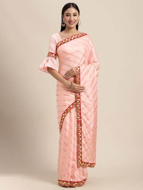 

Tikhi Imli Pink & Gold-Toned Embroidered Striped Jaali Saree