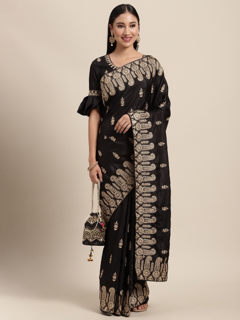 

Tikhi Imli Black & Gold-Toned Ethnic Motifs Embroidered Heavy Work Saree