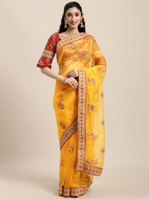 

Tikhi Imli Yellow Ethnic Motifs Embroidered Organza Heavy Work Saree